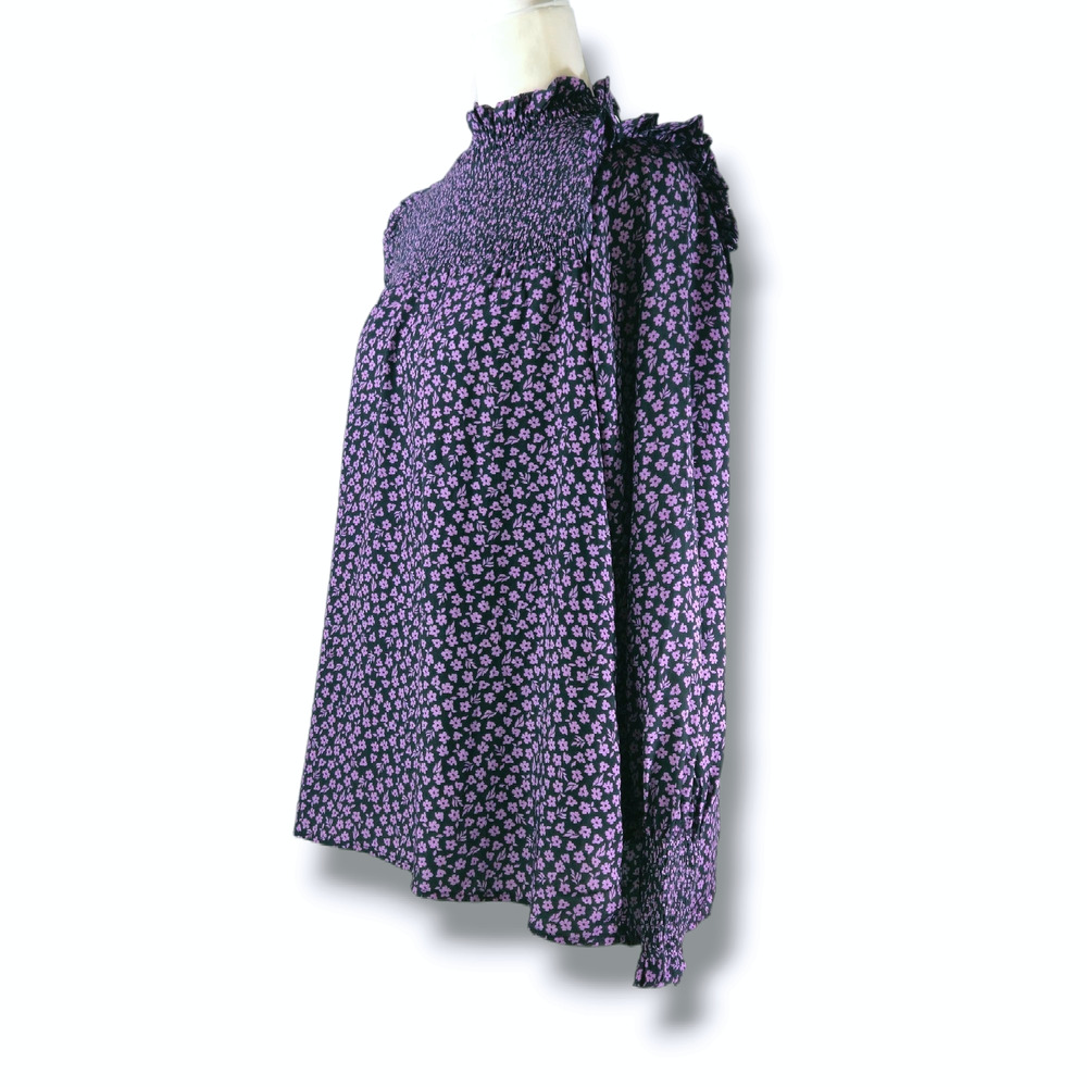 NWT Barbour Midhurst Mock Neck Smocked Ditsy Floral Blouse Sz. 8 Purple‎ Black